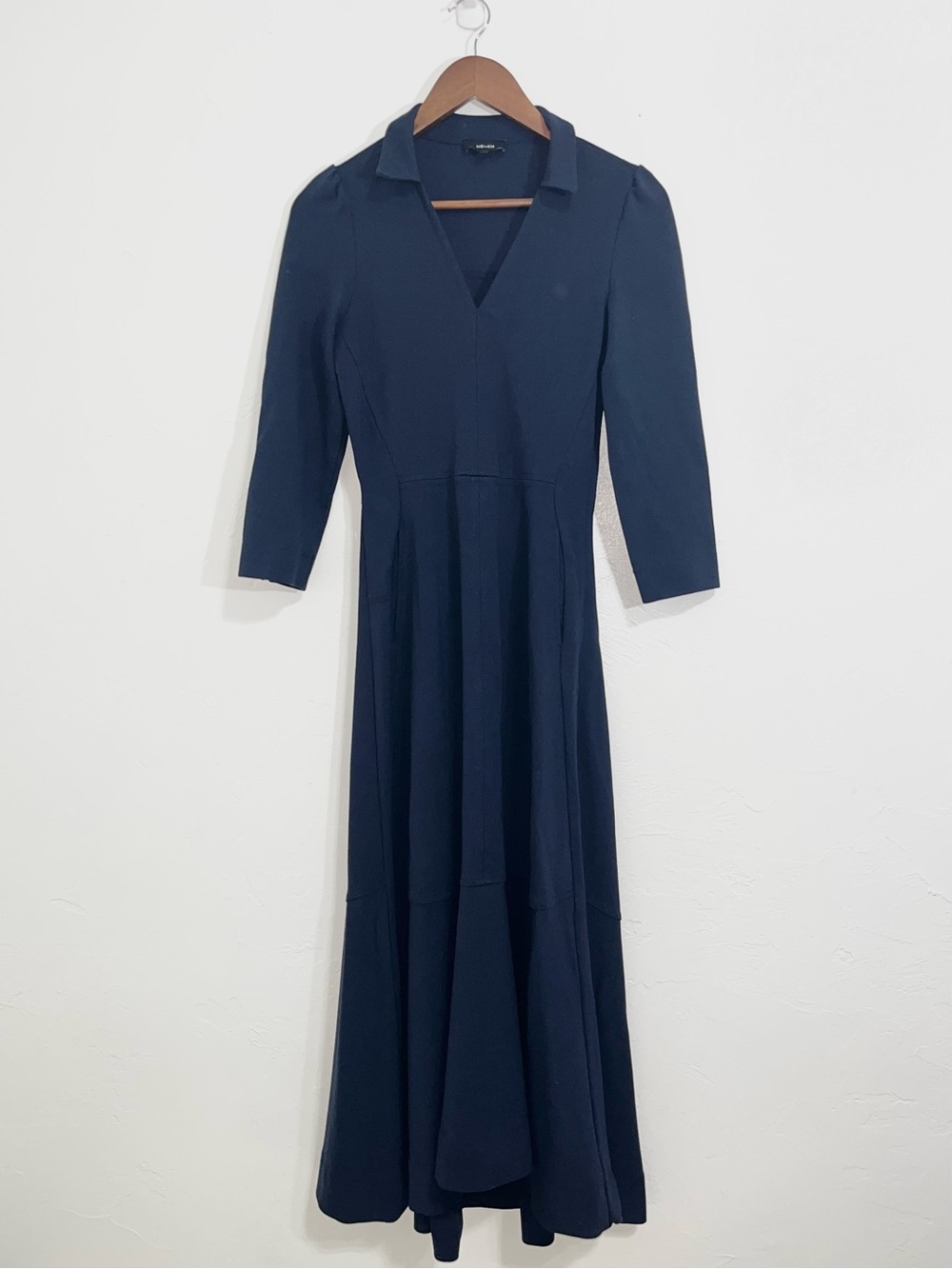 ME+EM Navy Tailored Split Neck Midi Dress 3/4 Sleeve Pocket Size 6 - Picture 2 of 14
